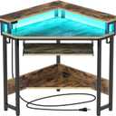 Rolanstar Corner Desk, 44.5" W x 34.5" H Small Computer Desk with Power Outlets, Gaming Desk with LED Lights, Triangle Corner Desk with Keyboard Tray & Monitor Stand for Small Space, Rustic Brown