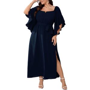 SCOMCHIC Women Plus Size Wedding Guest Maxi Dress Square Neck Ruffle 3/4 Sleeve Belted Slit A Line Formal Long Dresses (Blue, XXL)