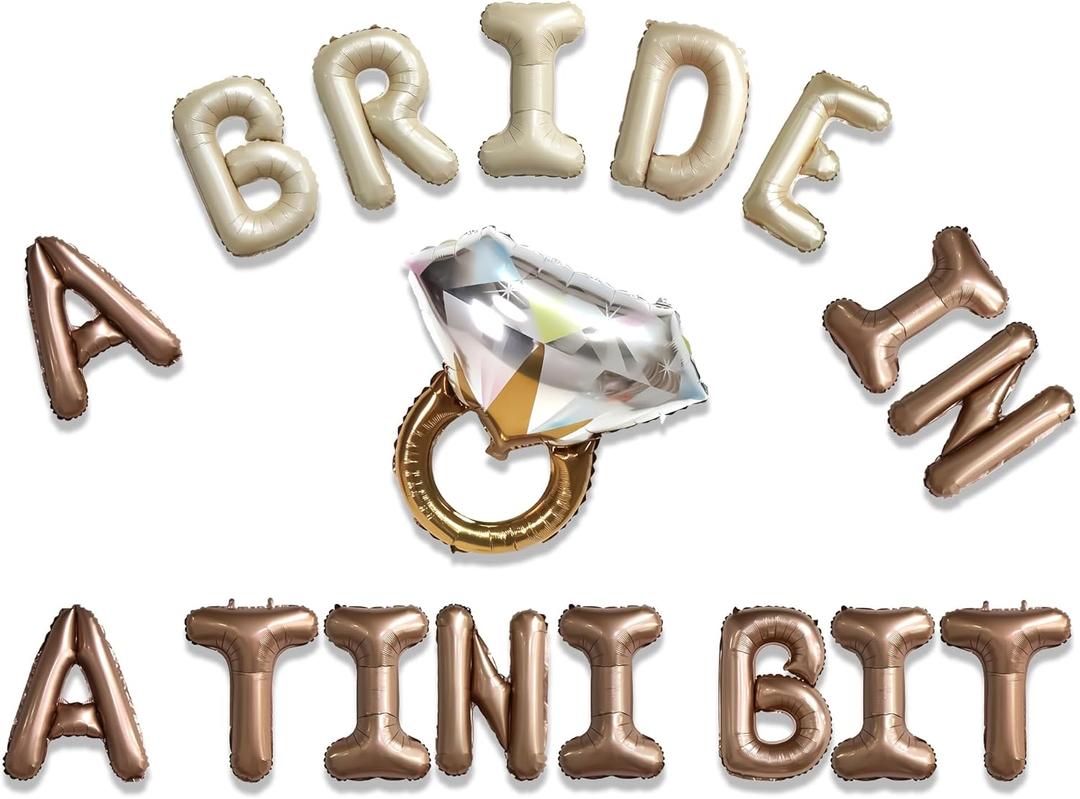 A Bride in Tini Bit Letter Balloons with Diamond Ring for Espresso Theme Bachelorette Party Decoration