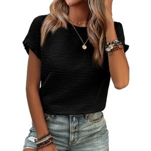 SHEWIN Womens Summer Tops Crewneck Short Sleeve T Shirts Casual Textured Work Shirt Loose Blouses (Black, M)