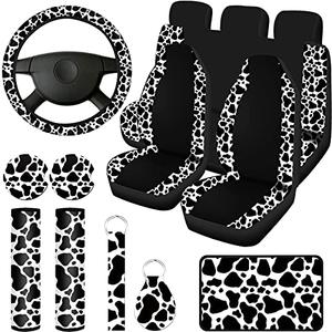 Frienda 13 Pcs Mixed Cow Print Car Seat Cover Full Set for Women Men Print Car Accessories Rubber Steering Wheel Armrest Pad Cover Seat Belt Pads Wrist Holder Keychain, White and Black