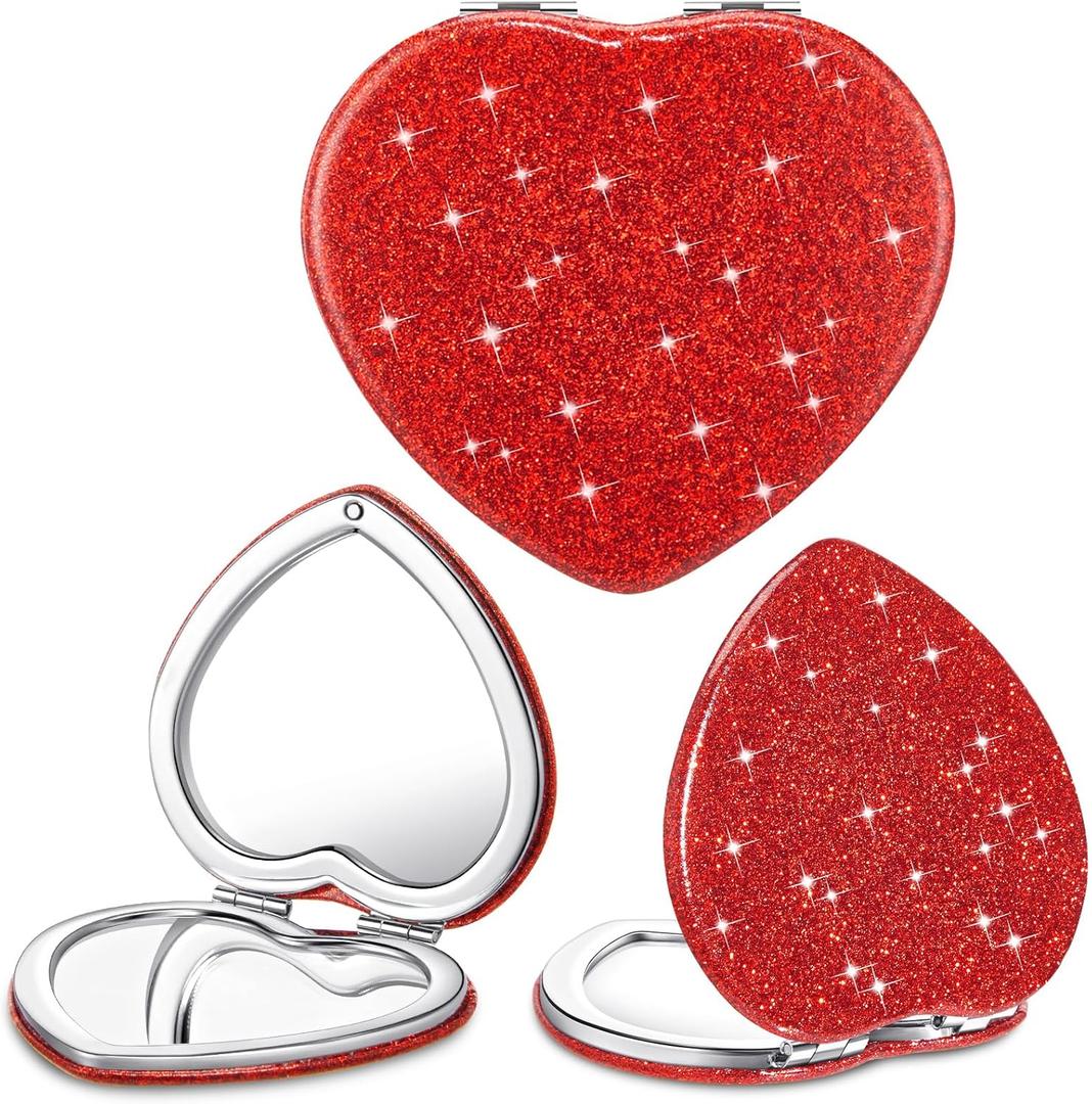 4 Pcs Heart Compact Folding Mirror Mini Vanity Mirror Double Sided Cute Glitter Cosmetic Graduation Gift Heart Shaped Portable Travel Magnifying Makeup Supplies for Women Mom Home(Red)