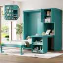 Merax Twin Size Rotating Wall Murphy Beds, Wood Folding Murphy Wall Bed with Bookshelf, Top Cabinet, Extendable Desk & Side Storage, Teal