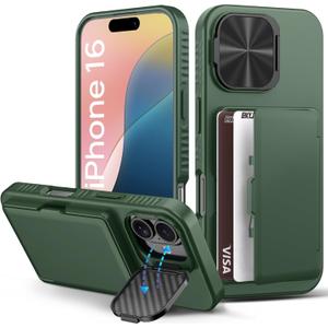 for iPhone 16 Wallet Case with Stand, Built-in Credit Card Holder (4-5 Cards), Protective Camera Cover, Military Grade Protection, Rugged Heavy Duty Silicone Men Women Case for iPhone16, Green