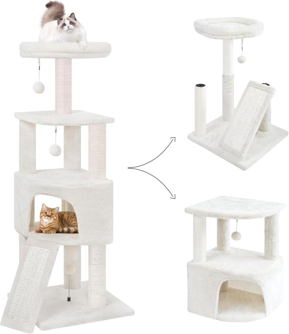 45in Cat Tree Tower with Big Condo for Indoor Cats,Cat Tower with Scratching Post,Scratching Board and Cat Toys,Multi-Level,Small Space,Transformer Cat Tree, Beige(New)