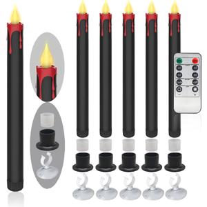 Halloween LED Flameless Taper Candles Black Red Drip with Remote Timer, 6 Pcs Candlesticks with 3D Flickering Flame for Home Fall Indoor Decorations(0.85 x 10.6 Inches)