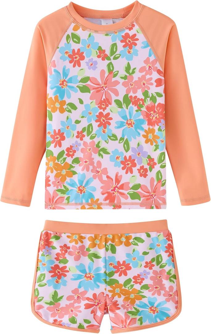 UMELOK Girls Rash Guard Swimsuit 2-Pieces Long Sleeve Bathing Suit Kids Swimwear Set  8Y