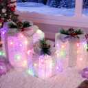 TOWPONICS Set of 3 Lighted Gift Boxes, Christmas Decorations Outdoor with 60 LED Multi-Color String Lights, Light Up Present Boxes with Silver Tinsel for Christmas Tree Holiday Home Porch Mantel Decor