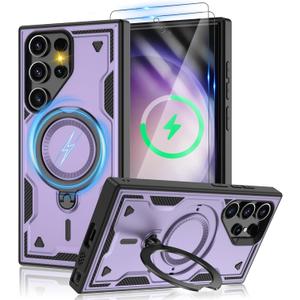 for Samsung Galaxy-S23-Ultra-Case with Magsafe & [HD Screen Protector2][Anti-Fingerprint], 360 Metal Rotated Kickstand,Military Grade Shockproof Protective for Galaxy S23 Ultra Case,Purple