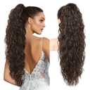 REECHO Ponytail Extension 30" Long Claw Clip Ponytail Extension Curly Wavy Pony Tails Hair Extensions Clip in Synthetic Hairpiece for Women, Dark Chocolate Brown