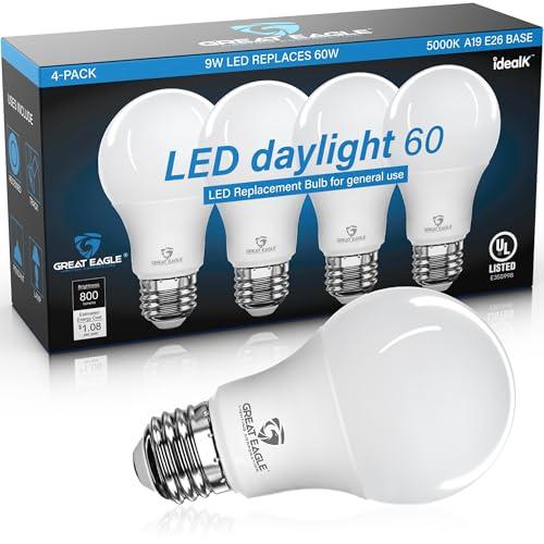 Great Eagle A19 LED Light Bulbs 60 Watt Equivalent - UL Listed - Daylight 5000k LED Light Bulbs - 9W Non Dimmable - 800 Lumens (4 Pack)