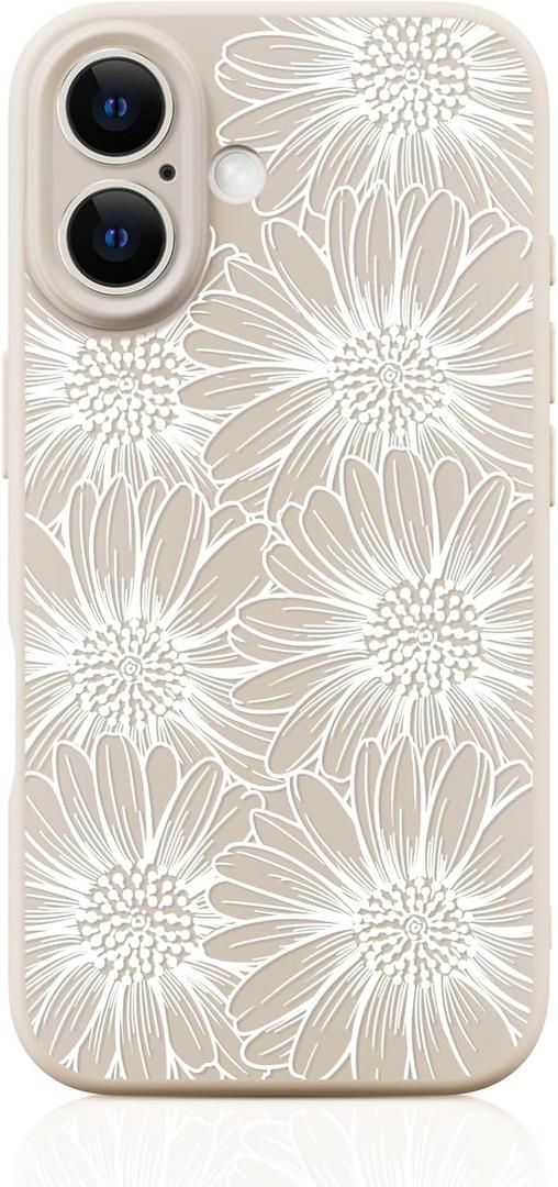 Silicone Phone Case for iPhone 16 Compatible with Magsafe Cute White Daisy Floral Design Shock Proof Heavy-Duty Protection for Women Girls