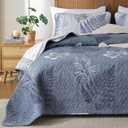 Blue Quilts Set King Size - Botanical Bedspread Bedding Set Floral Leaf Pattern Reversible Quilt Coverlet Set 3 Pieces, Summer Botanical Bed Cover All Seasons with 2 Pillow Shams