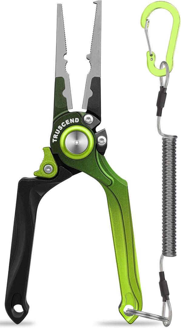 TRUSCEND Lockable Handy Fishing Pliers with Innovative Ergonomical Handle, Corrosion Saltwater Resistant Teflon Coated Fishing Tool, Multi-Function Fishing Gear with Mo-V Cutter, Fishing Gifts for Men (Green)