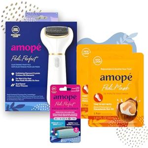 Amop Pedicure Value Kit, Spa Pampering Pack, Self-Care & Relaxation Gift, contains Pedi Perfect Electric Callus Remover Foot File, 2 Macadamia Oil PediMask Foot Masks, 2 Roller Heads 4 pieces