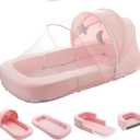 Todldler Baby Travel Bassinet Bed & Chair, Fold Out Sofa Couch Lounger with 2-1 Mosquito & Canopy, Foldable Portable Travel Cot with Foam Raised Safety Bumpers for Infant Toddlers 0-36 Months (Pink)