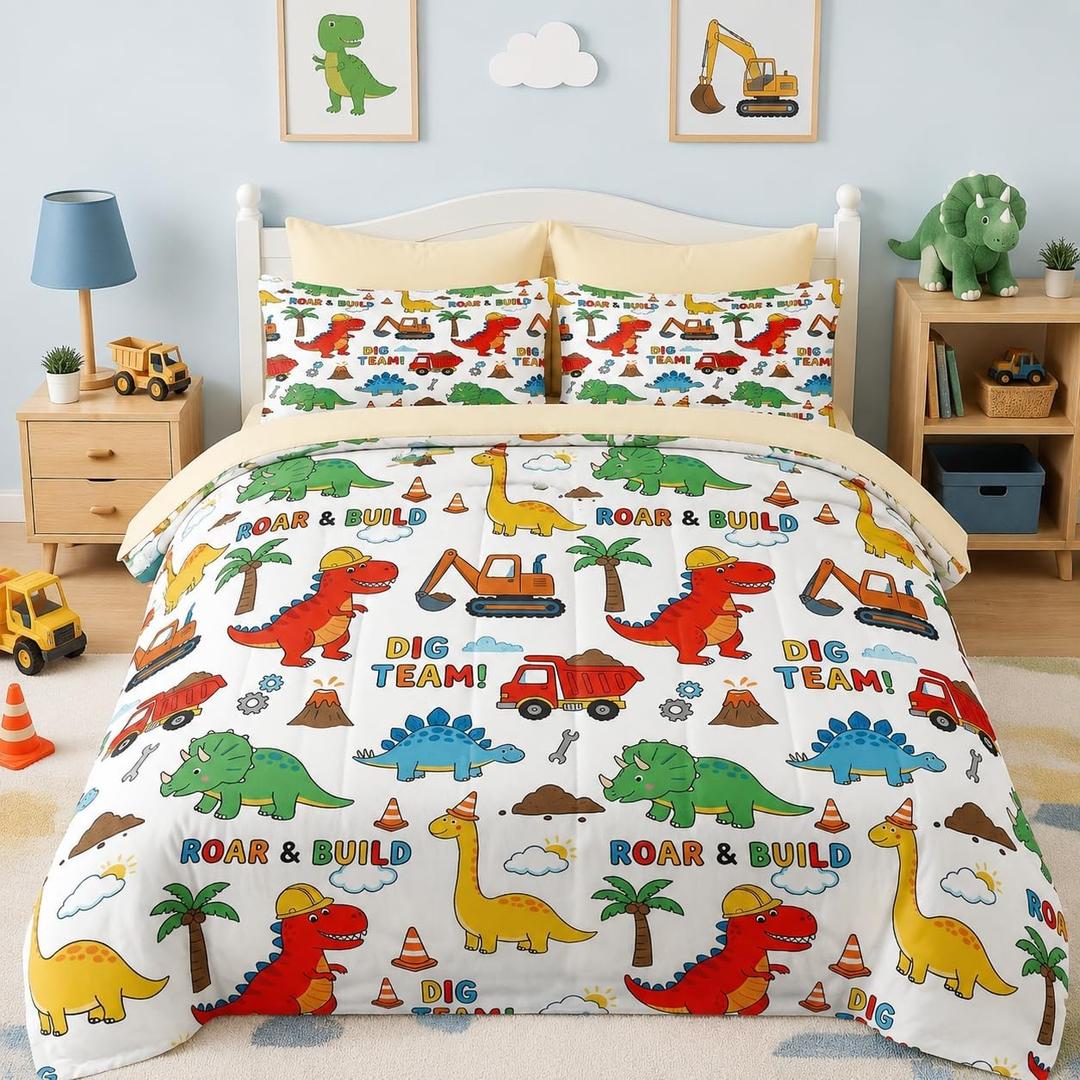 Nesker Dinosaur Comforter Set Twin Size, 5 Pieces Bed in a Bag, Dinosaur Cartoon Bedding Set for Boys, Construction Truck Excavator Comforter Set with 1 Pillowcase & 1 Sham