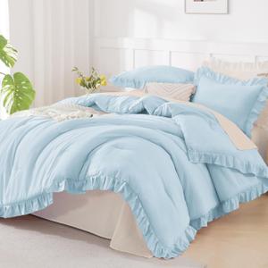 Andency Light Blue Comforters Queen Size, 3 Pieces Solid Shabby Chic Farmhouse Bedding Comforters & Sets, Lightweight Fluffy All Season Soft Down Alternative Bed Set for Women Men (Queen (90"x90"))