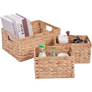 Set of 3 Water Hyacinth Storage Basket Rattan Woven Shelf Organizing with Builtin Handles 3Pack Nesting Wicker Bathroom Accessories Pantry Storage