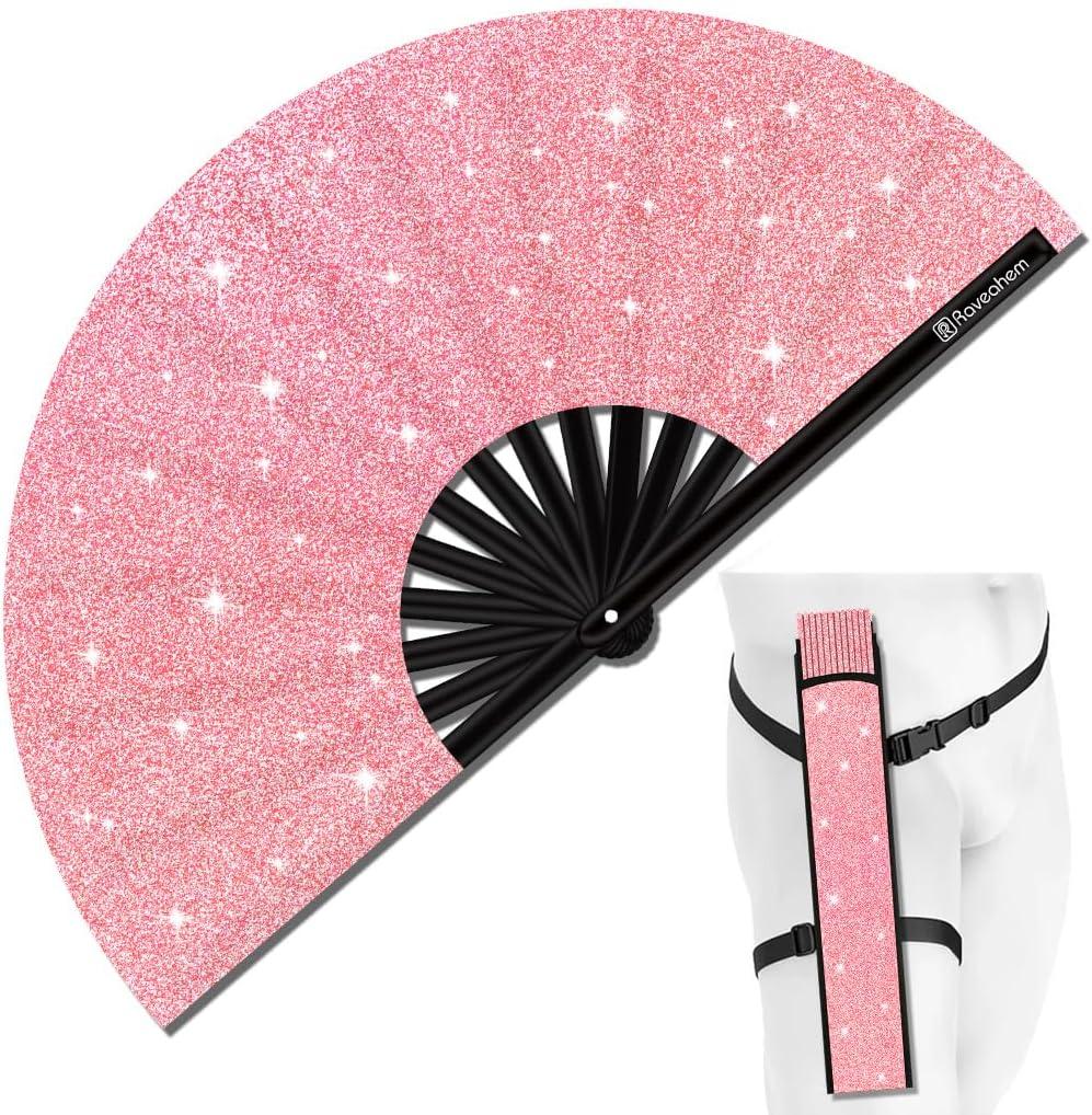 Glitter Large Rave Folding Clack Hand Fan with Holster, Boots on the Ground Popping Handheld Fan Foldable for Men Women for EDM Festival Club Party Dance, (Pink, Large 13") (33cm Closed | 63cm Open (13" Closed | 24.5" Open))