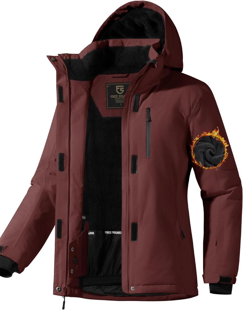 FREE SOLDIER Women's Waterproof Ski Snow Jacket Fleece Lined Warm Winter Rain Jacket with Hood Fully Taped Seams (X-Large, Wine Red)