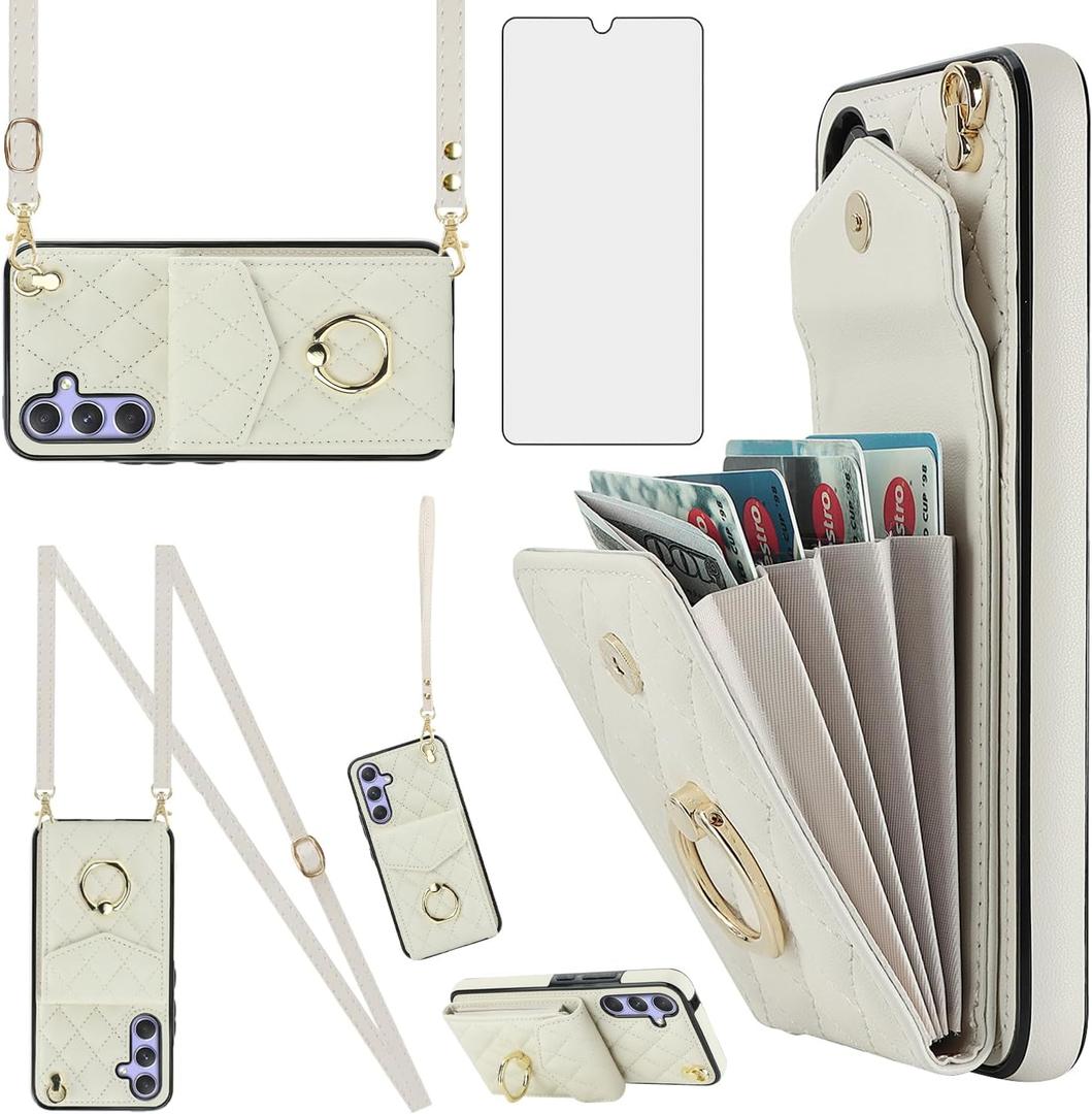 Asuwish Phone Case for Samsung Galaxy S25 5G Wallet Cover with Tempered Glass Screen Protector and Crossbody Wrist Strap Ring Stand RFID Blocking Card Holder Cell S 25 25S G5 Women Men Girls Off White