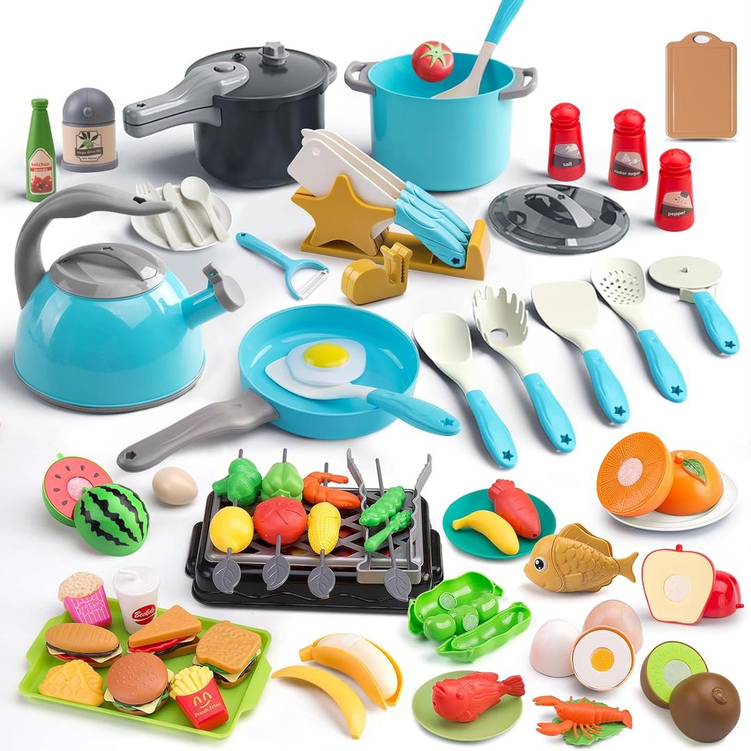 105Pcs Kids Kitchen Toy Accessories, Toddler Pretend BBQ Camping Cooking Playset, Play Pots, Pans, Utensils Cookware Toys, Play Food Set, Vegetables, Learning Gift for Girls Boys (Turquoise)