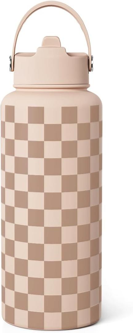 Checkerboard Water Bottle 32oz Stainless Steel with Lid & Straw, Beige Checker Insulated Bottles for Women Girls, Gift Idea for Christmas Birthday