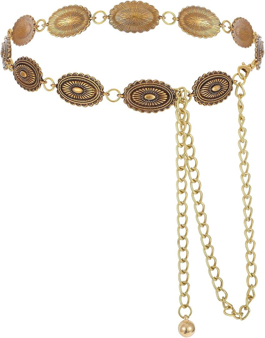 Western Chain Belt for Women, Bronze Western Concho Chain Belt Western Cowgirl Chain Belts Adjustable Metal Belts for Dresses Jeans Country Concert Outfit
