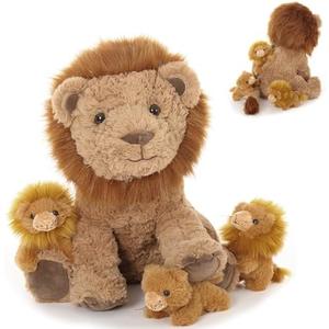 Karister Lion Plush Toy, 17.7" Mother Lion Stuffed Animal with 3 Cute Baby Lions, 4Pcs Wild Animal Stuffed Toy for Kids Boys Girls, Safari Animal Plushies Gift for Christmas Birthday, Brown