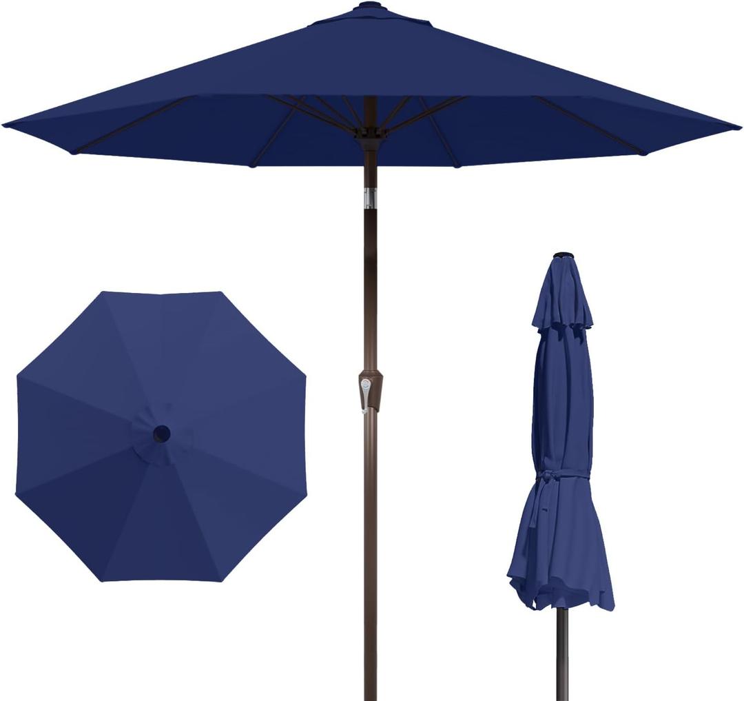 9FT Patio Umbrella with Fiberglass Ribs, Outdoor Market Table Umbrella with Crank and Tilt, UV Resistant Waterproof Canopy for Patio, Garden, Deck, Pool, Navy Blue
