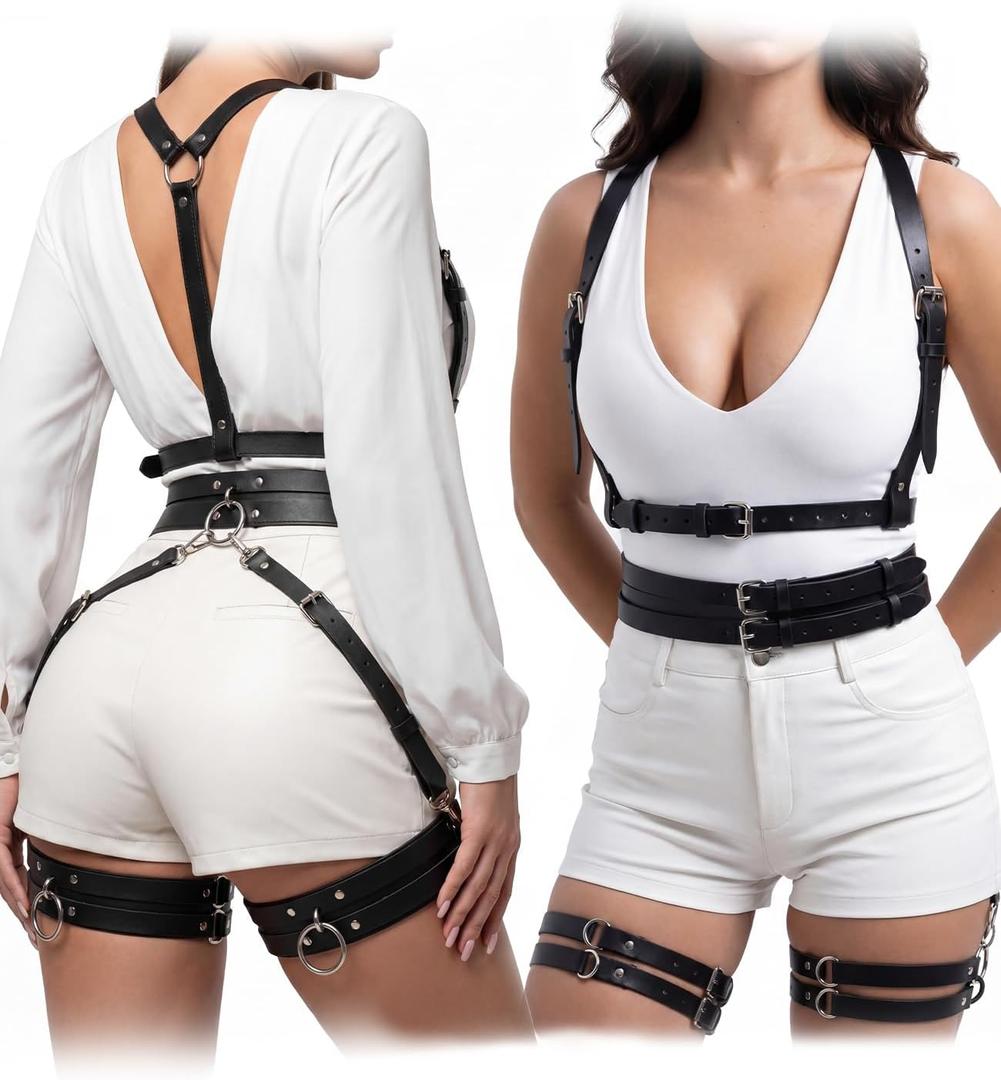 2 PCS Leather Harness for Women Set, Adjustable Black Punk Body Harness Belts Goth for Halloween Cosplay Party (Black)