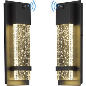 Dusk to Dawn Outdoor Wall Light Fixture, HWH Exterior Wall Sconce Porch Light 2 Pack, Outside Wall Lights in Black Finish with Crystal Bubble Glass, 5HW9-B-P-2PK BK
