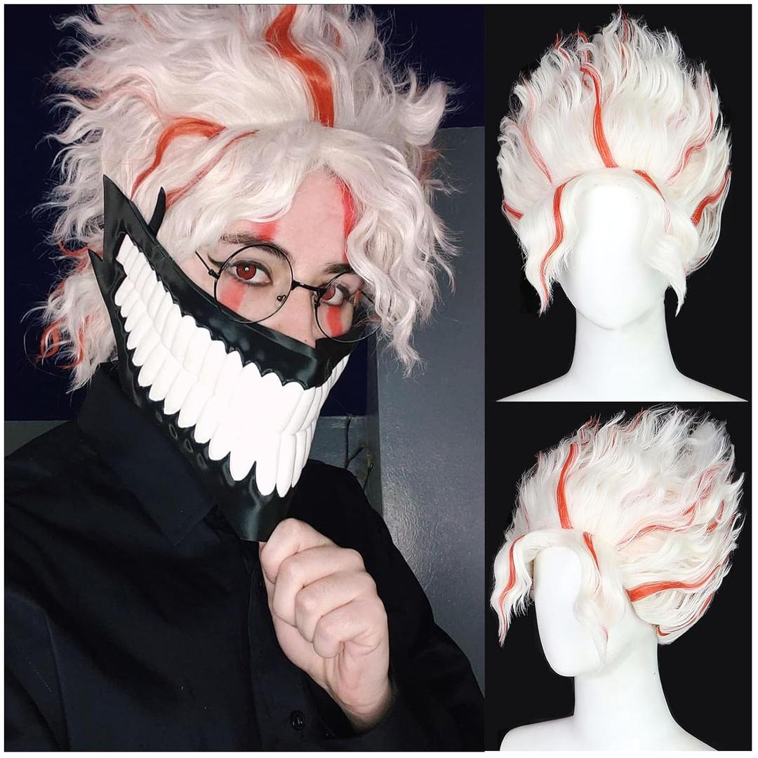 Okarun Wig White Red Anime Wig Costume Turbo Granny Spiky Hair Heat Resistant Synthetic for Halloween Cosplay Party (White Red)