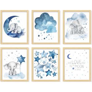 97 DECOR FRAMED Baby Girl Elephant Nursery Decor - Baby Boy Room Decorations for Nursery Wall Decor, Blue Moon and Stars Nursery Art Prints, Cute Elephant Poster Animal Picture for Bedroom (BEIGE FRAME)