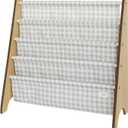 3 Sprouts Kids Bookshelf with Recycled Fabric - 4-Tier Sling Storage for Kids Rooms Holds 35 Titles - Toddler Organizer for Ages 3+ - Gingham Beige
