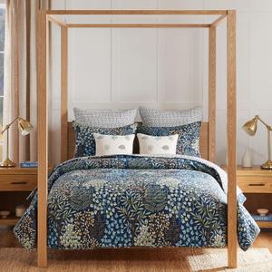 Levtex Home - English Forest Navy Quilt Set - King Quilt and Two King Shams - Leaves - Navy, Green, Teal, Blue, Cream - Quilt (106x92in.) and Shams (20x36in.) - Reversible - Rayon/Cotton