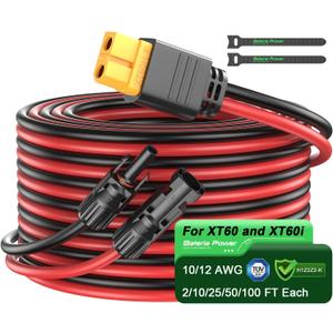 Bateria Power Solar Connector to XT60 Adapter Extension Cable, Solar Panel to XT60 Charge Extension Cable for RV Foldable Solar Panel, Portable Power Station, Solar Generator (35FT-10.6M 12AWG) (12AWG Red and Black)