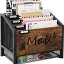 Mail Organizer - 4 Slots Wooden Desk Organizer with Mesh Drawer, Countertop Mail Receipt Business Card Holder, Vertical File Sorter Letter Tray, Black/Antique