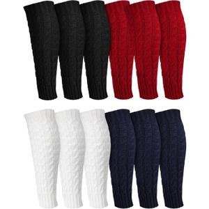 Geyoga 12 Pairs Women Leg Warmers for Winter, Cable Knit Knee High 80s Plus Size Leg Warmers for Boot Yoga Socks Ballet Dance (Black, Wine Red, White, Navy Blue)