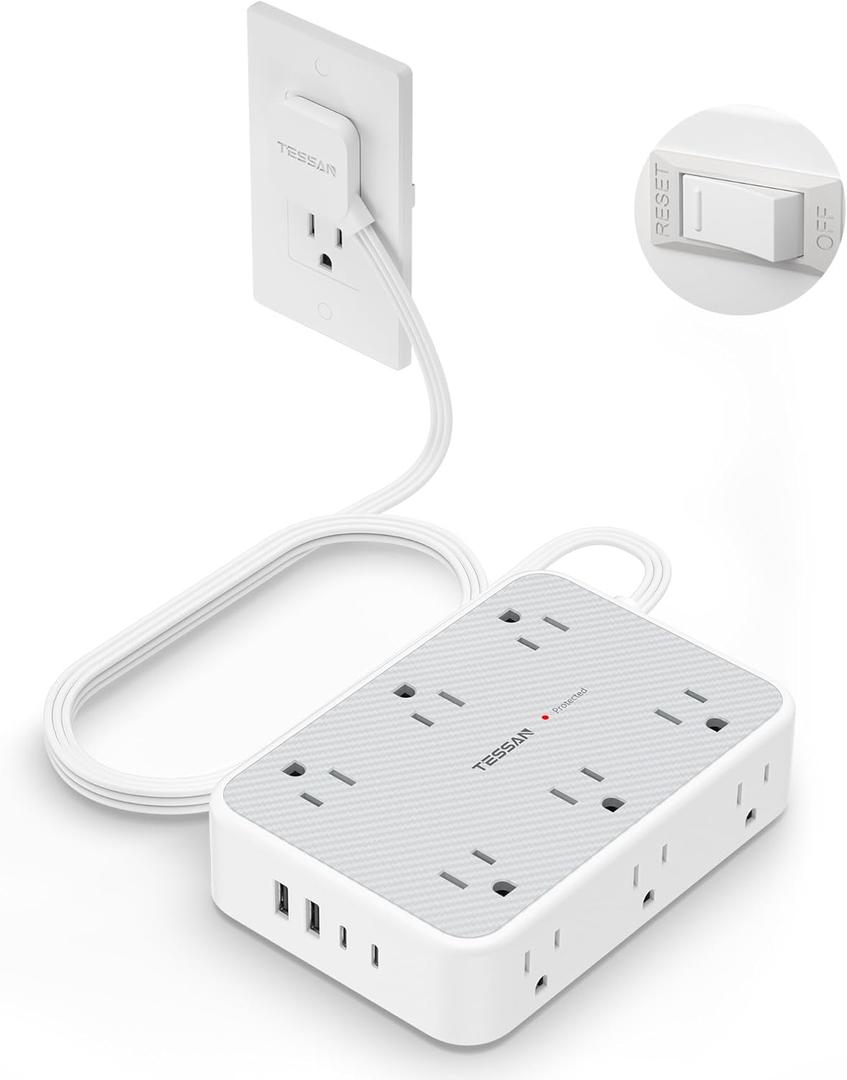 TESSAN Extension Cord 10 ft Surge Protector Power Strip, 12 Outlet Extender with 4 USB (2 USB C), 1800 Joules Protection, Flat Plug, Flat Extension Cord with Multiple Outlets, for Home, Office, Dorm (Grey)