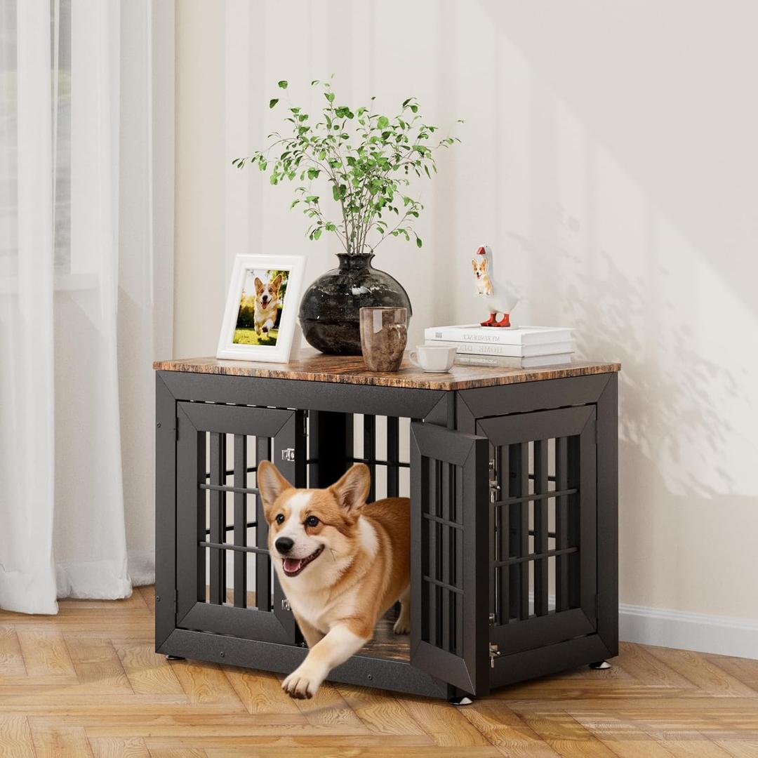 Snuowu 32" Heavy-Duty Dog Crate Furniture for Small/Medium Dogs, Rustic Wooden Dog Cage Kennel Indoor Furniture, Decorative Pet House End Table, Black & Wood