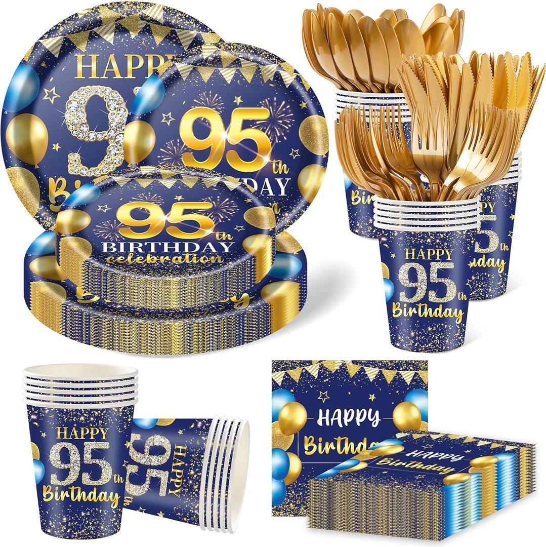 350PCS 95th Birthday Party Decorations for 50 Guests Blue and Gold Party Supplies for Men Include Disposable Paper Plates, Napkins, Cups, and Disposable Plastic Cutlery (95)