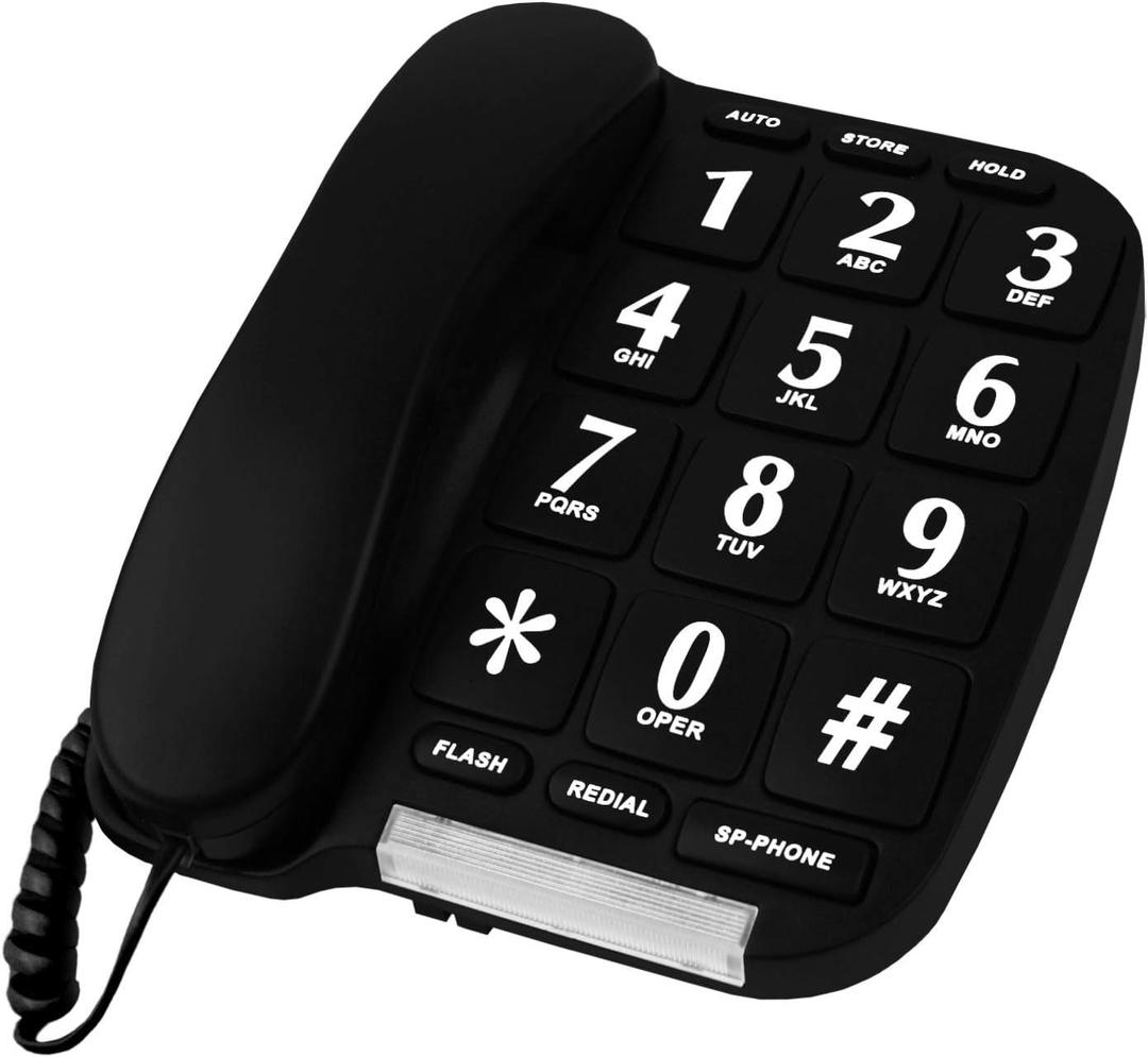 Black Big Button Phone for Wall or Desk with Speaker and Memory