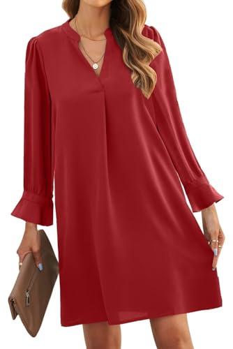 JOCAFIYE Womens Cute Shift Dresses Ruffle Sleeve V Neck Loose Dress Summer Solid Color Casual Dress Red S