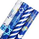 Tifeson 4 Rolls Hanukkah Wrapping Paper, Mini Roll, Chanukah Blue White Holiday Gift Wrapping Paper Menorahs, Star of David, Dreidel Stripe Design,17 Inch x 118 Inch Per Roll