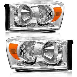 for 2006-2009 Dodge Ram Headlights Assembly for 2006-2008 Dodge Ram 1500, 2006-2009 Dodge Ram 2500/3500 Chrome Housing Amber Reflector Replacement Driver and Passenger Side