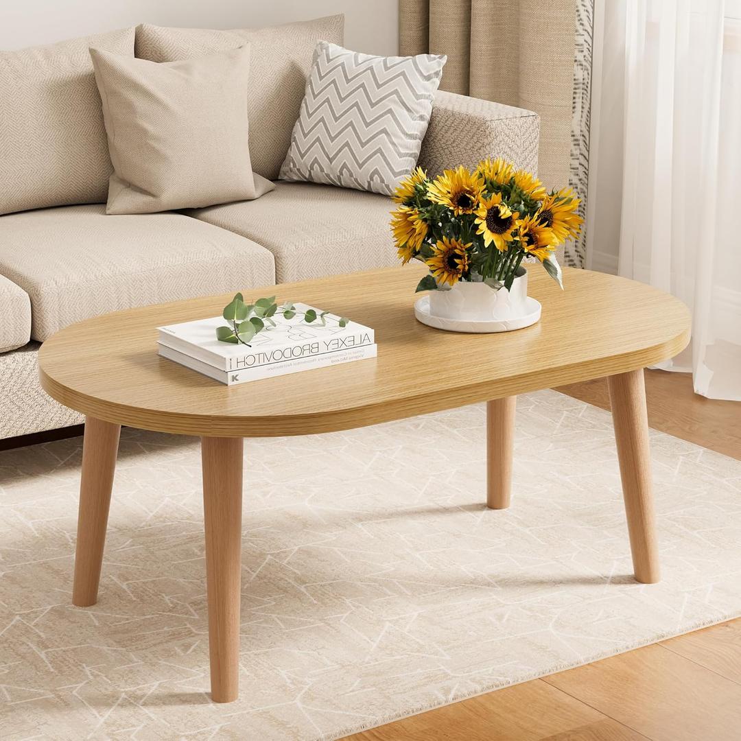 Coffee Table Low Table with Solid Wood Legs, Small Oval Coffee Table Side Table, Floor Table Desk for Sitting on The Floor, Storage and Living Room Furniture for Office Apartment Home, Natural