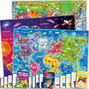 QUOKKA 3X Set Learning Board Games for Kids 6-8 - Educational Trivia Cards Ages 8-12 - Travel United States - World Map - Explore Outer Space - Gift for Children and Teens 4-8 - Floor Puzzles