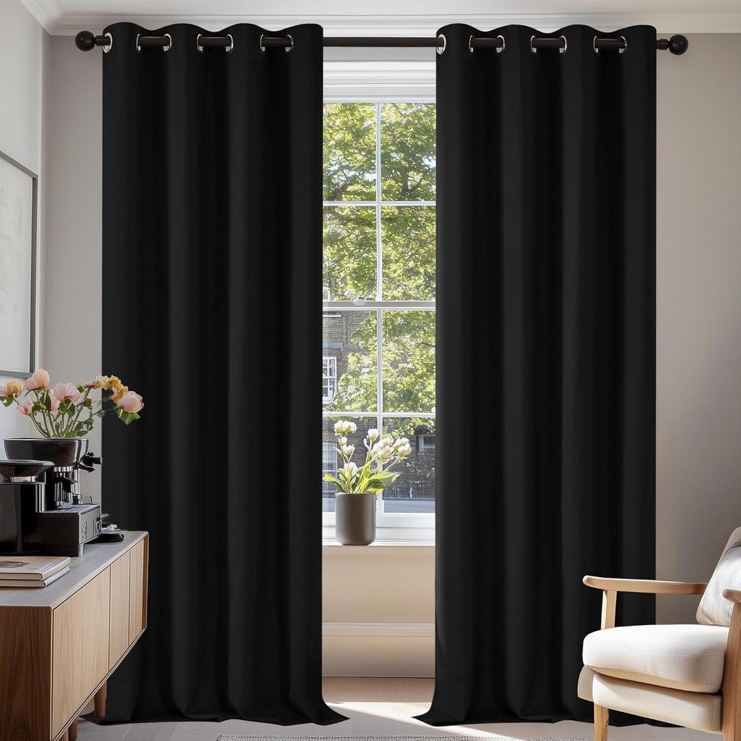 Deconovo Black Blackout Curtains, Thermal Insulated Eyelet Curtains Pair, Energy Saving Room Darkening Panels for Bedroom & Living Room, W52 x L90 Inch, Pack of 2